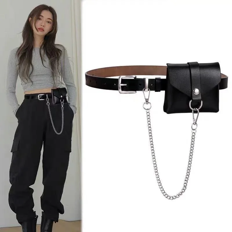 Genuine Leather Fashion Chain Belt for Woman Windbreak Waistband with Waist Bag Removable Metal Decoration Luxury Designer Belt