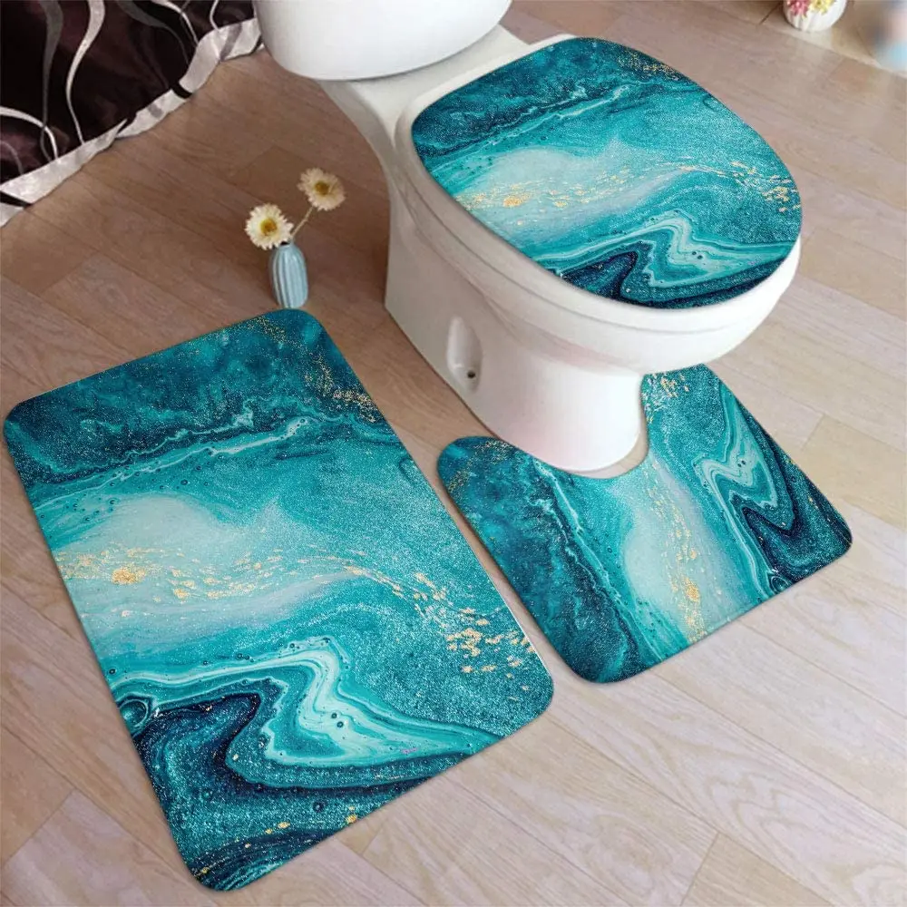 

Marble Bathroom Rug Set 3 Piece Luxury Ocean Art Agate Blue Paint Gold Powder Non Slip Bath Carpet Mat U-Shaped Contour Mat