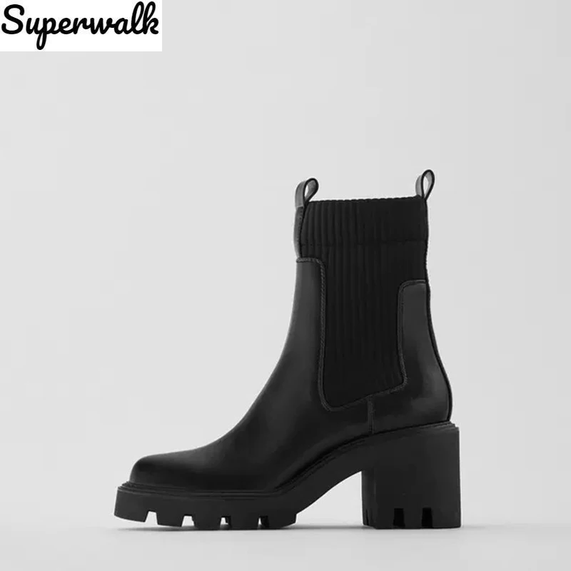 

Women New Autumn Winter Fashion Chelsea Boots Female PU Leather Block Heels Platform Shoes Ladies Knitted Solid Sexy Ankle Boot
