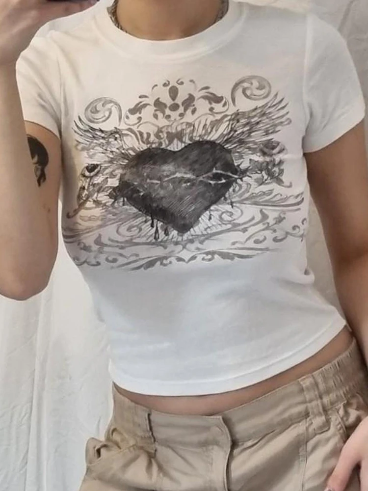 

Y2K Heart Print Gothic Aesthetic Tee Shirts Basics Solid Short Sleeves Outfits Punk Slim Fit Korean Women's Tops