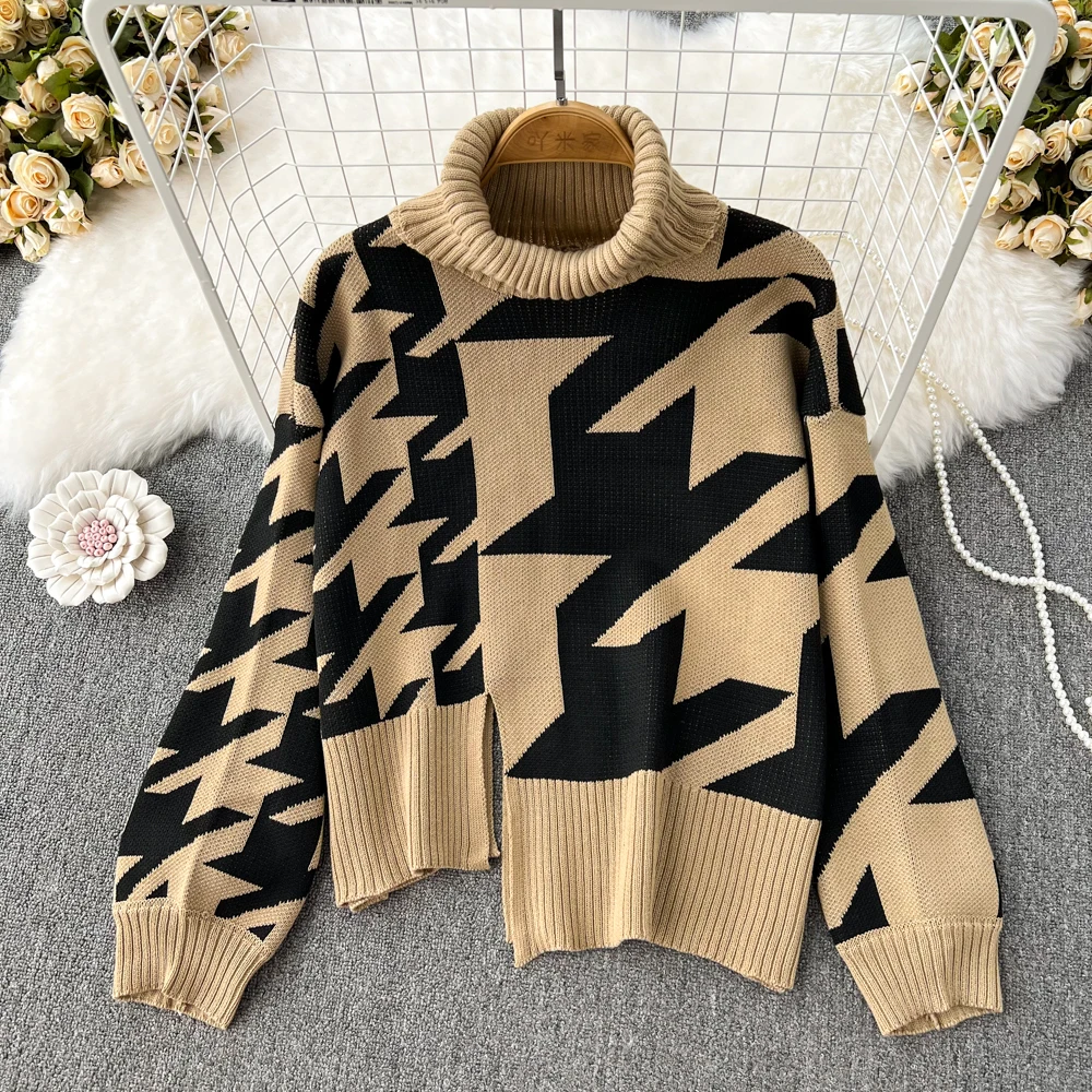 

VANOVICH 2022 Autumn and Winter Vintage Temperament Long Sleeve Turtleneck Loose Irregular Sweater Women's Korean Casual Tops