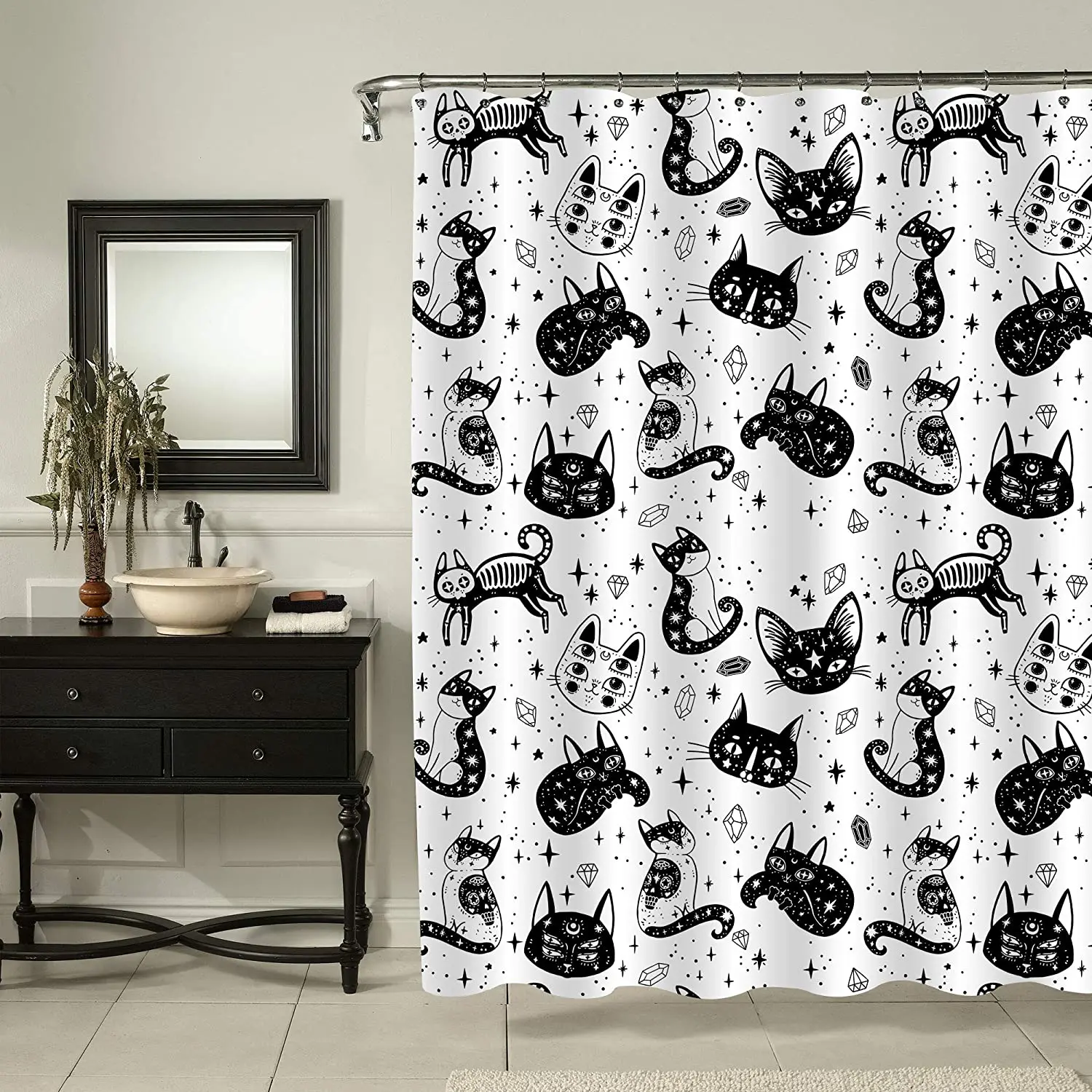 

Witch's Cat Shower Curtain Set with Hooks for Bathroom Decor Cat and Sugar Skull Mexican Style Bathroom Accessories Cat Theme