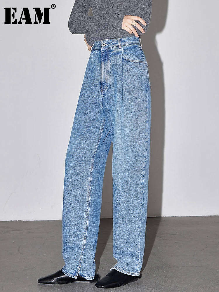 [EAM] High Waist Casaul Blue Denim Button Wide Leg Jeans New Loose Fit Women Trousers Fashion Tide Spring Autumn 2023 1DF3921