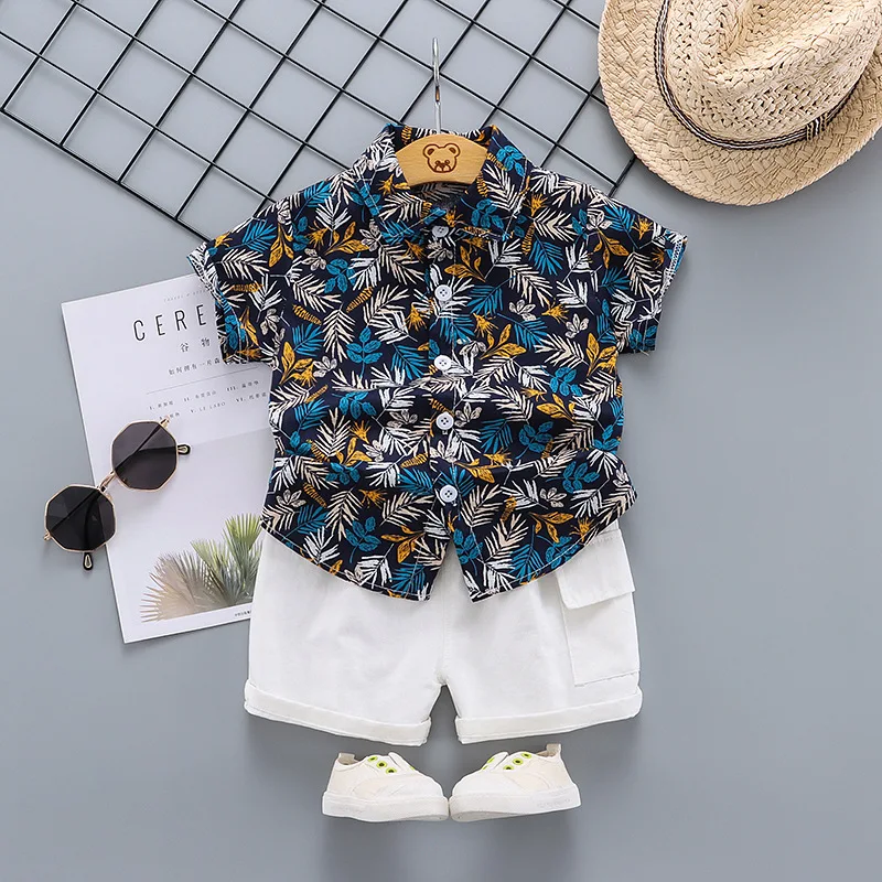 

2022 Summer Boys Clothing Set Cotton Print Lapel Flower Short Sleeve Shirt + Pants 2Pcs Baby Boy Clothes 1-5 Years