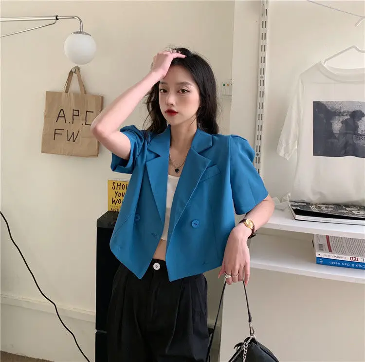 F GIRLS Blazer Women Solid Streetwear Cropped Outwear Summer Thin Loose Navel 3Colors All-match  Simple Office Lady Design