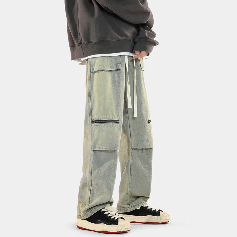 3-color Baggy Jeans Men Fashion Pocket Cargo Jeans Men Japanese Streetwear Hip Hop Loose Straight Denim Pants Mens Trousers