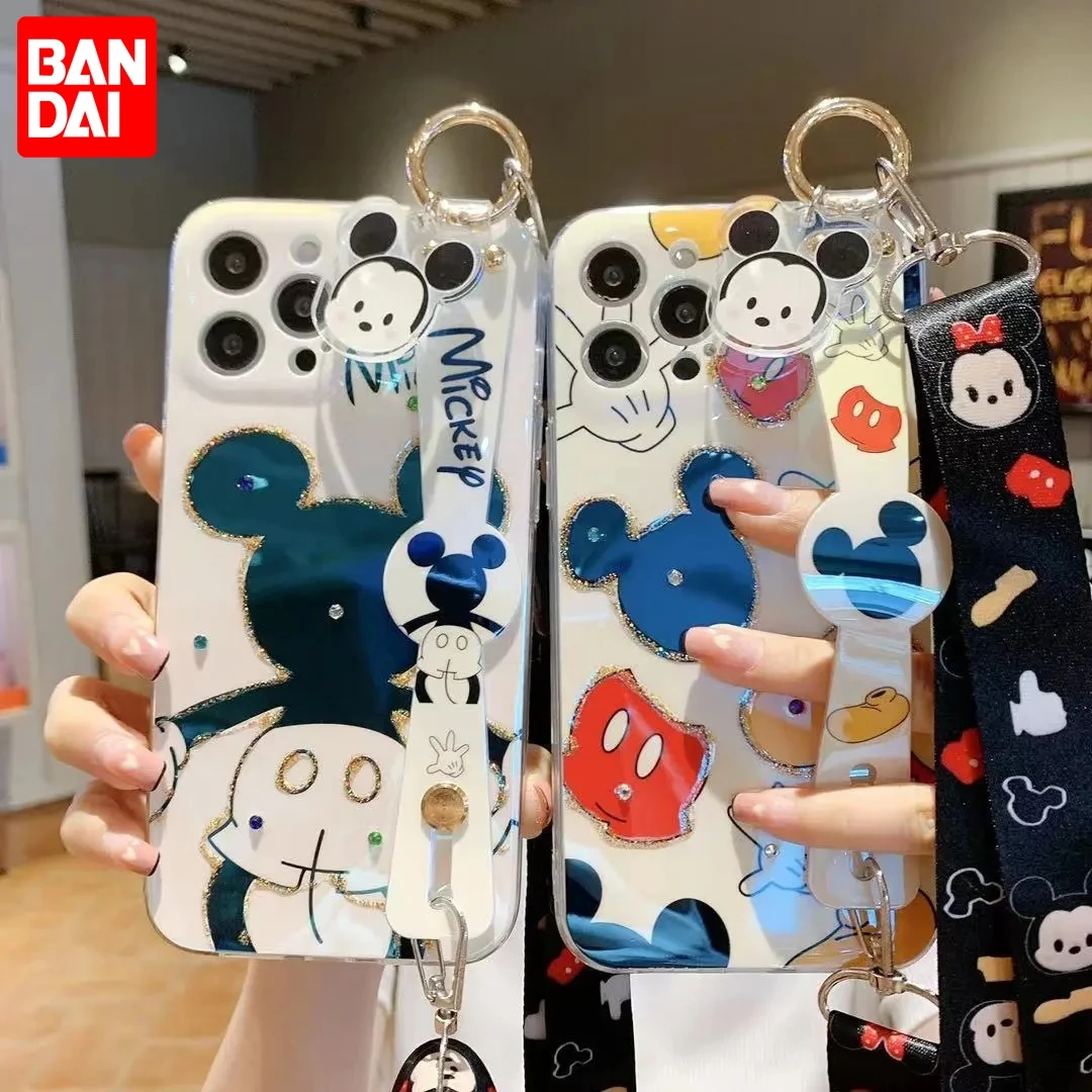 

Bandai Cute Mickey oblique span lanyard Wristband Soft Silicon Phone Case For iPhone XR Xs Max 8Plus 11 12 13 13 Pro Max Cover
