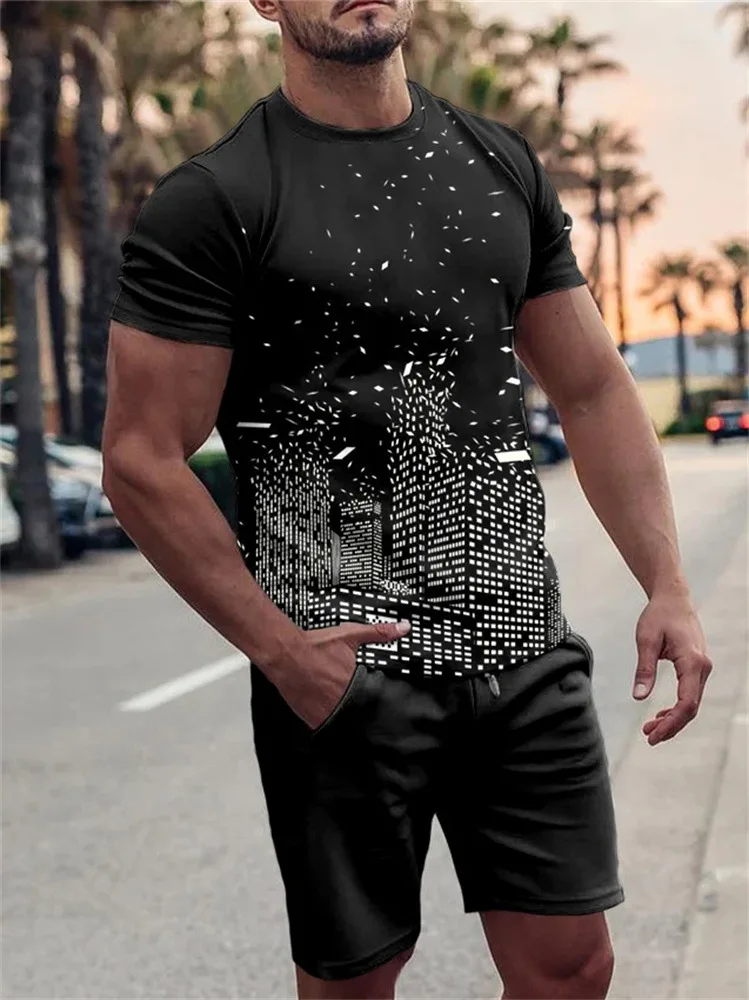 Summer Men Sports Suit Casual Short Sleeve 2-piece Set 3D Printed Fashion O Collar Street T-shirt Oversized Men Clothing Holiday