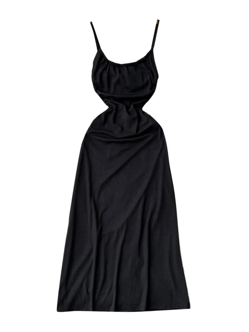 

Сексуальное черное женское платье Foamlina на бретелях-спагетти, летнее модное облегающее платье-трапеция средней длины без рукавов со шнуровкой и открытой спиной, вечернее платье