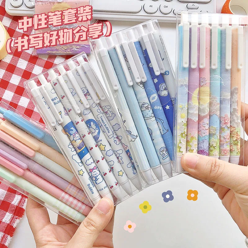 

Cartoon Ins Press The Pen Press The Gel Pen 6 Packs of Student Press-type Water-based Pen Black Signature Pen Kawaii Pen