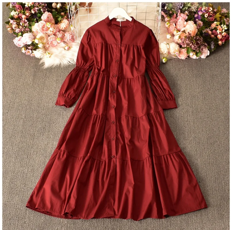 

Spring Sweet Loose Simple A-line Long Cotton Dress Bubble Long Sleeved Slim Single-breasted Calf Long Dress