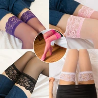 solid color silk socks women thigh high stockings non slip long socks pantyhose lace trim breathable see through stocking