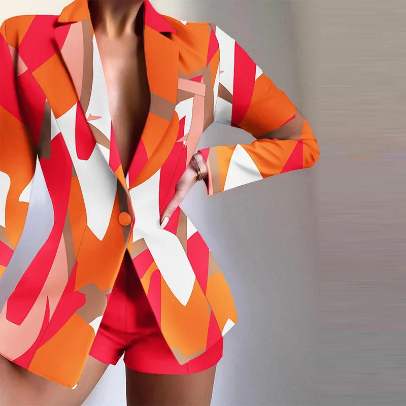 

Temperament Women Long Sleeve Lapel One Button Jacket And High Waist Shorts Suit Autumn Fashion Print Slim Office Ladies 2PC Set