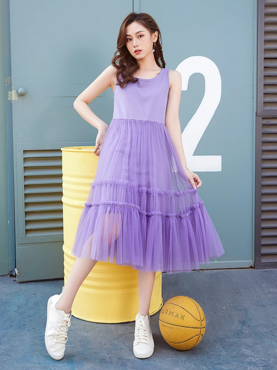 [В наличии Купить 3 бесплатно] Elevenrain Фиолетовое платье без рукавов Сетчатая юбка