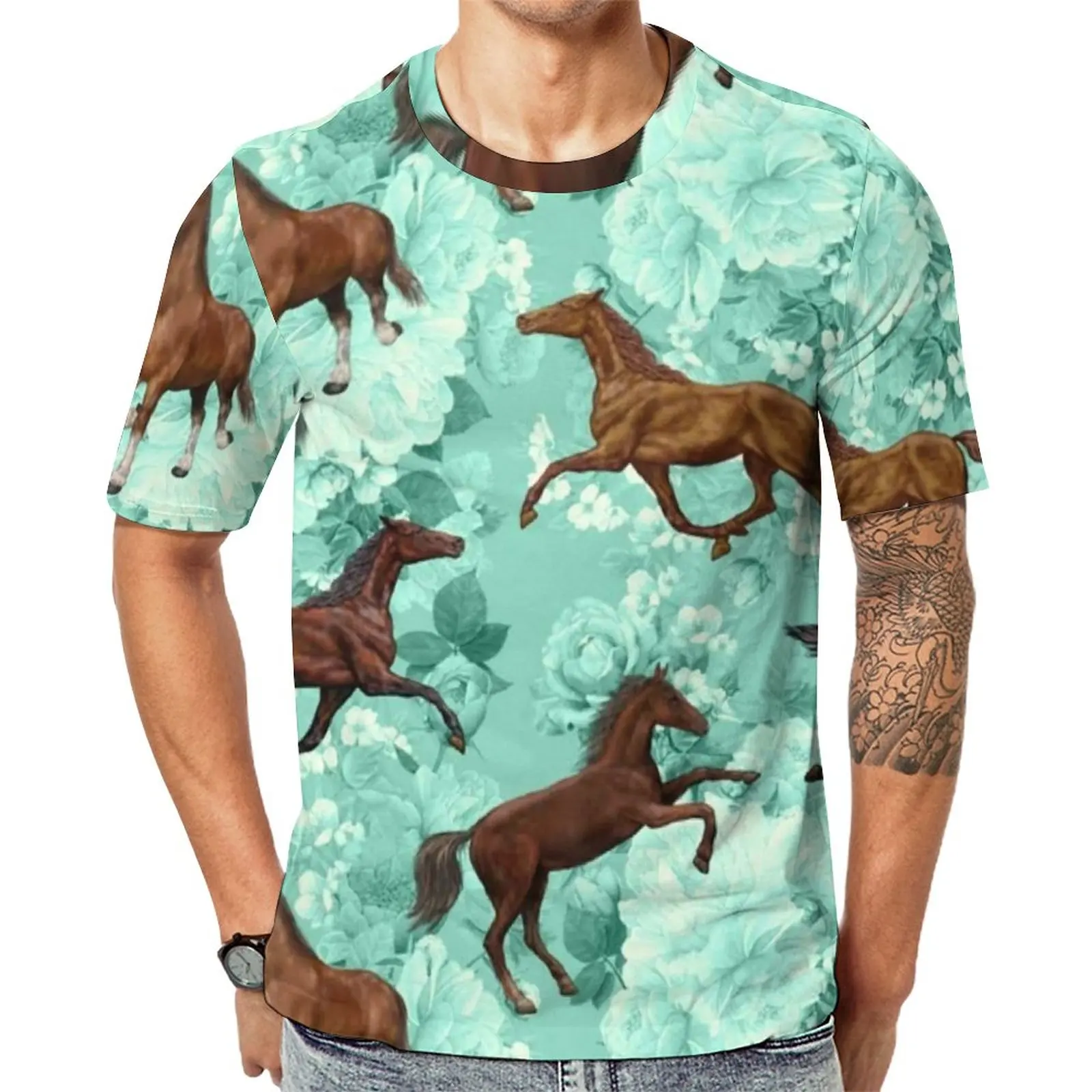 

Футболка с принтом Бегущих Лошадей и цветов, трендовые футболки с коротким рукавом для любителей лошадей, недорогие летние топы большого размера Y2K
