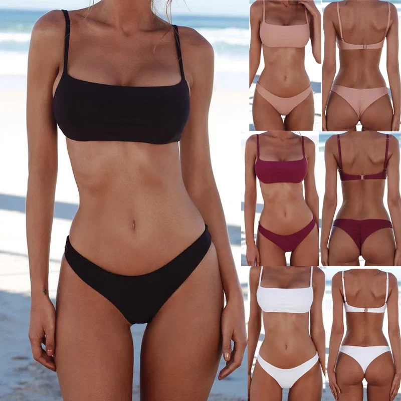 

Summer Women Solid Bikini Set Push-up UnPadded Bra Swimsuit Swimwear Triangle Bather Suit Swimming Suit Biquinis