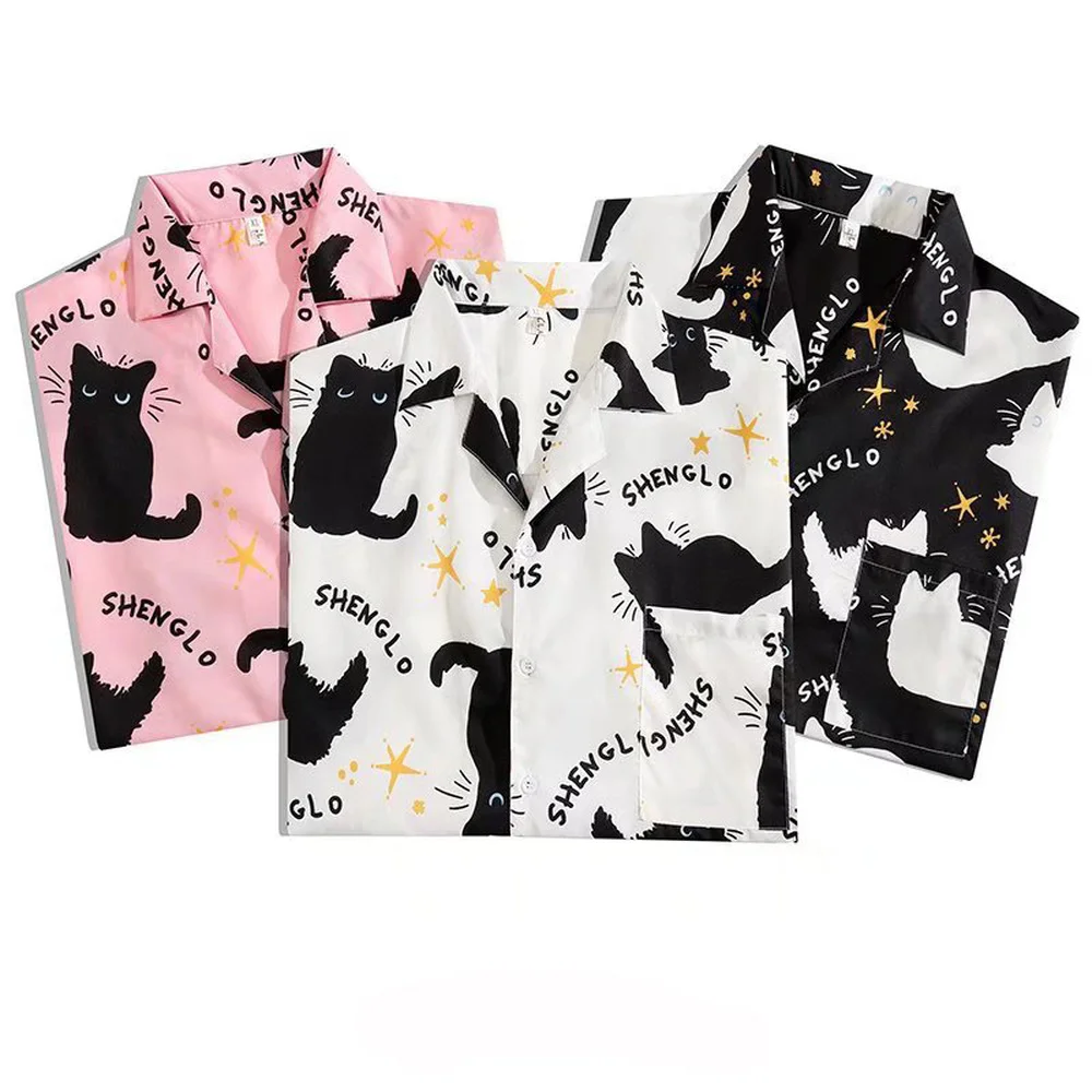 ERIDANUS Cartoon Cat Printing Cute Couples Short-sleeved Pocket Shirt Ins All-match Loose Design Niche Casual Men's Shirt MCS198