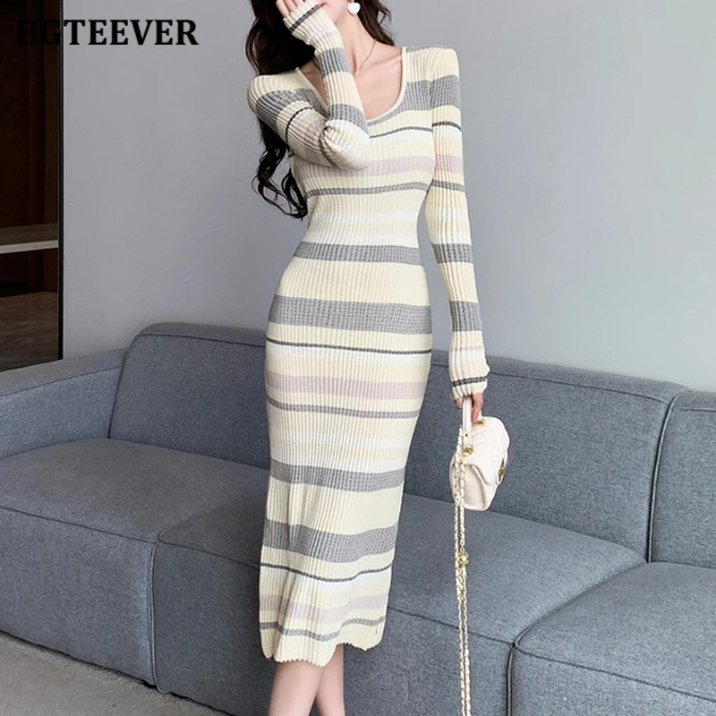 Платье BGTEEVER женское трикотажное в полоску модное элегантное облегающее