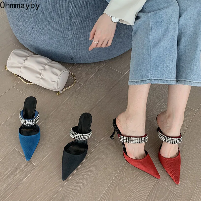 

2022 New Designer Rhinestones Woman Heel Slippers Women Pointed Toe Slides Elegant Slip On Shallow Mule Catwalk Women's Shoe