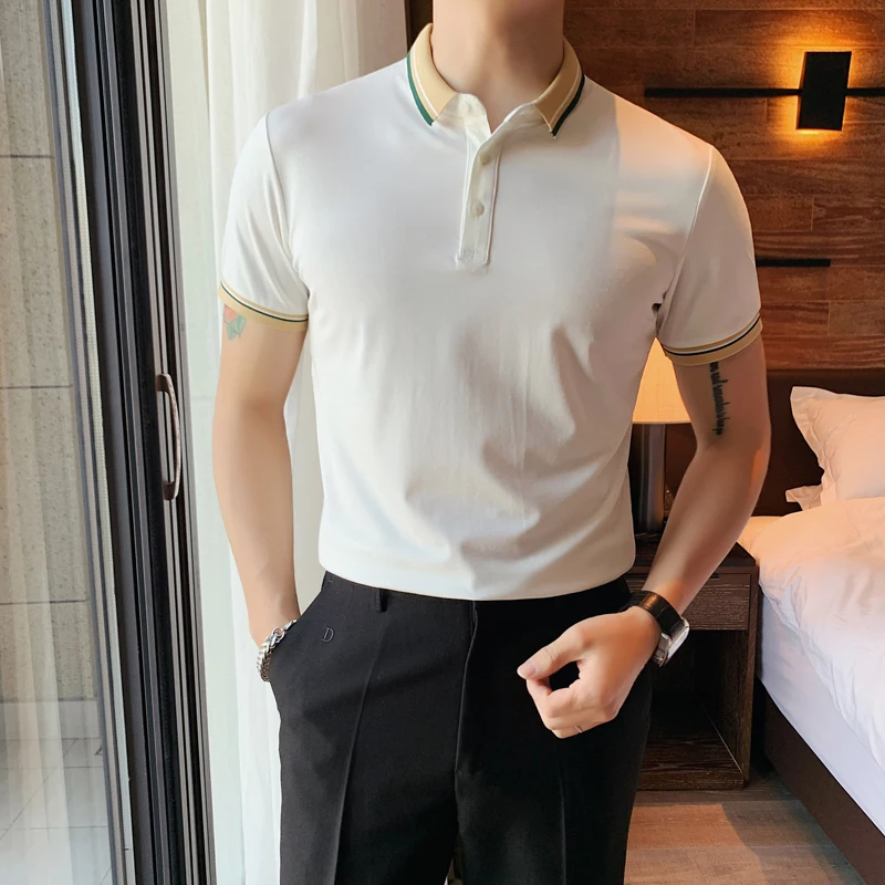 

2022 Summer Men's Polo Shirts British Business Casual Lapel Shirt Contrast Color Slim Short-sleeved POLO Shirt Black White
