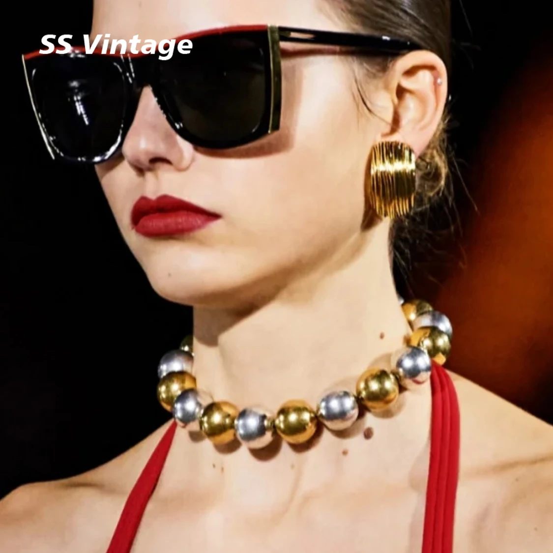 

SS Vintage Famous Designer Double Color Gold Silver Ball Necklace Woman Top Quality Luxury Jewelry Party Runway Trend