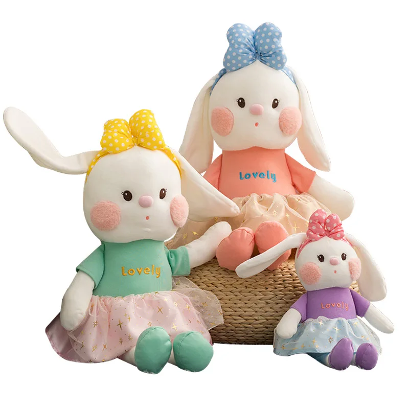 Honey Peach Bunny Cuddly Doll Stuffed PInk Dress Rabbits Bowtie Hairband Big Pink Cheek Shy Bunny Baby Appease Toys for Girls
