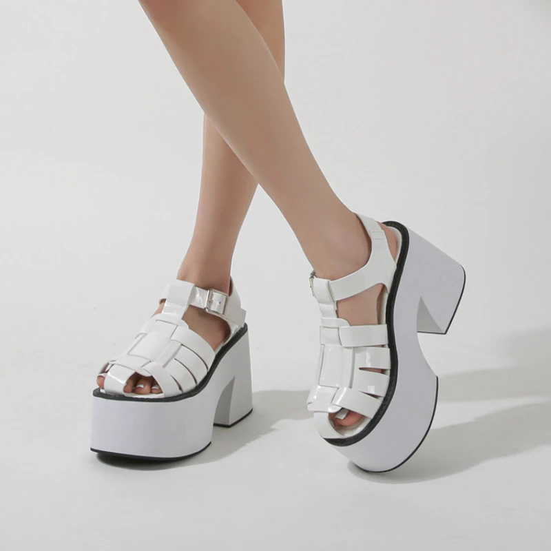 Chunky Platform Sandals Women Block Heels 10CM High Heel Closed Toe Roman Shoes Black Gothic Punk Sandals Buckle Strap Size 43