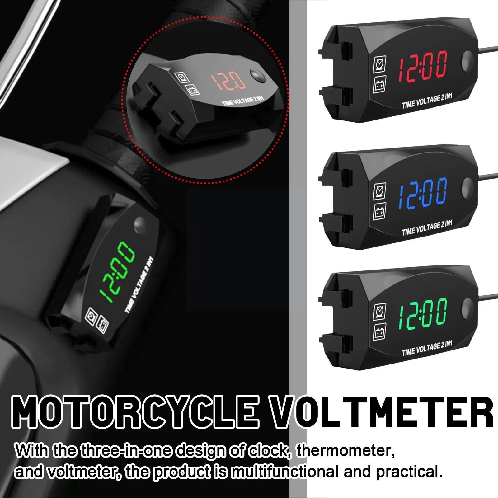 

Universal Motorcycle Voltmeter 12V Display Digital Meter Thermometer Electronic Panel Car Tester Clock Voltage Multifunctio H4A6