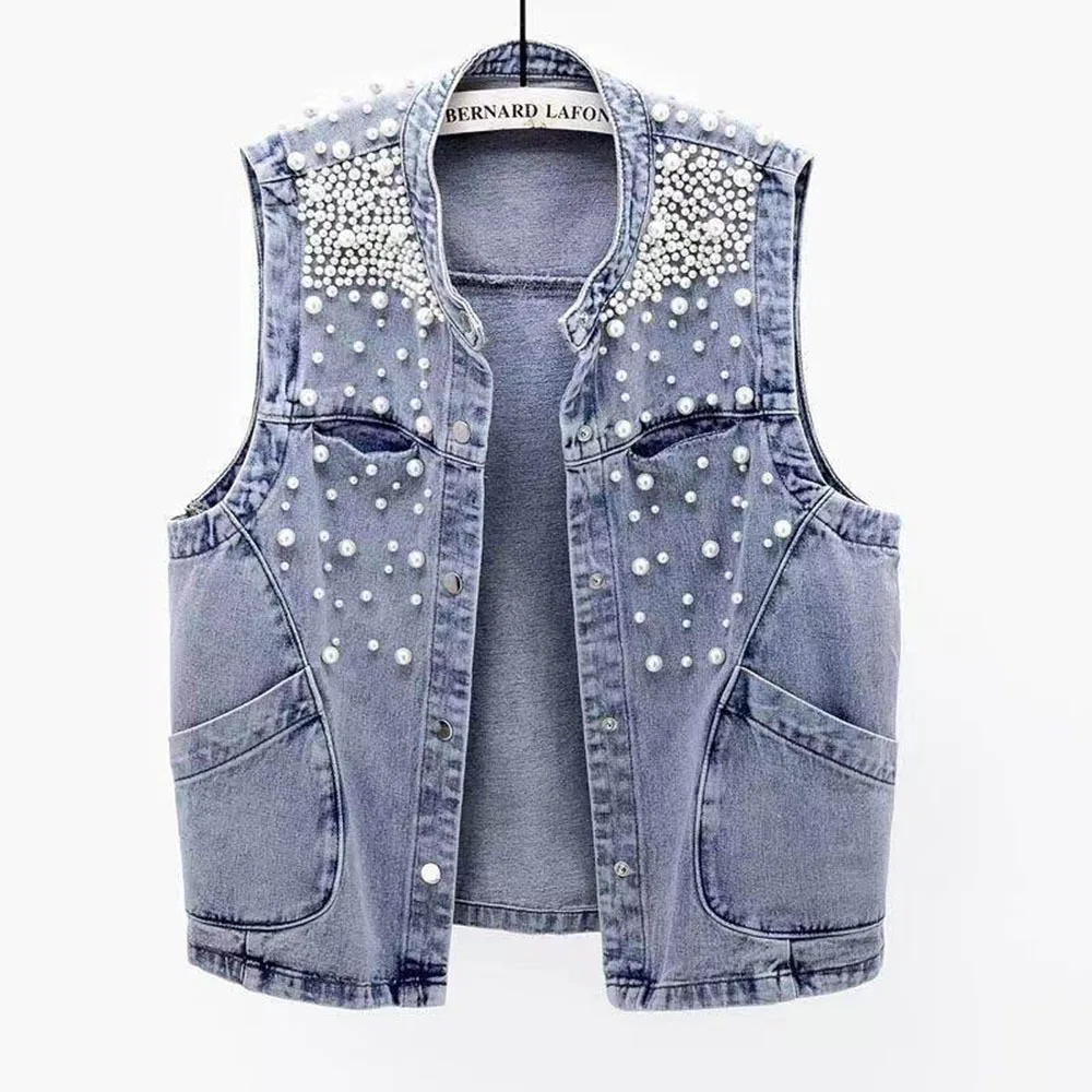 

Женский джинсовый жилет, повседневный Свободный жилет из денима без рукавов, с бусинами, в Корейском стиле, весна-лето 2023