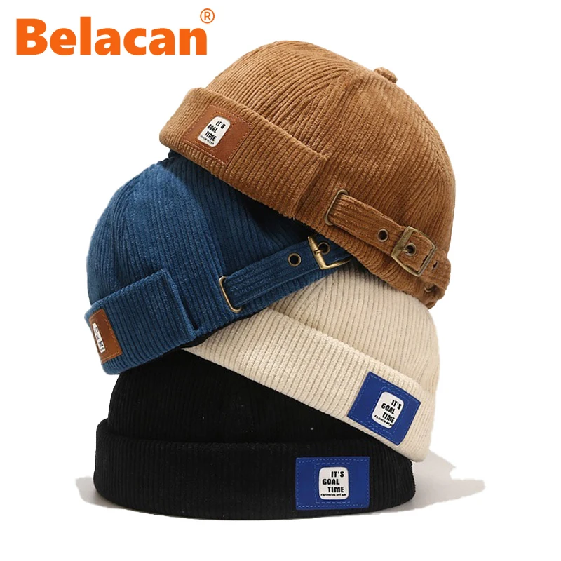 Japanese Harajuku Style Vintage Beanie Hat Men Women Spring Autumn Streetwear Hip Hop Brimless Hat Corduroy Docker Cap Wholesale