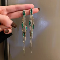 luxury long tassel green leaf drop earrings for women bijoux rhinestone crystal dangle earring party statement jewelry gifts