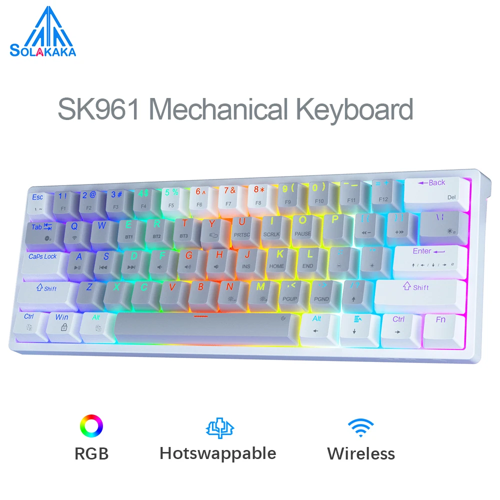 SOLAKAKA SK961 60% Wireless Mechanical Keyboard Bluetooth Hot-Swappable Mini 61-Keys RGB Backlit Programmable Gaming