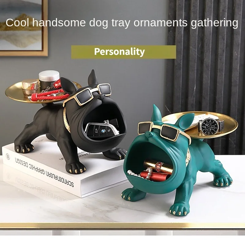 

New Cool French Bulldog Butler Décor with Tray Big Mouth Dog Statue Storage Box Animal Resin Sculputre Figurine Home Décor Gift