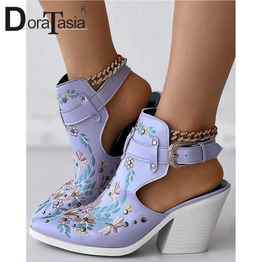 Brand New Ladies Pointed Toe Slingback Pumps Fashion Buckle Embroider Flower Chunky High Heels women's Pumps Party Woman Shoes