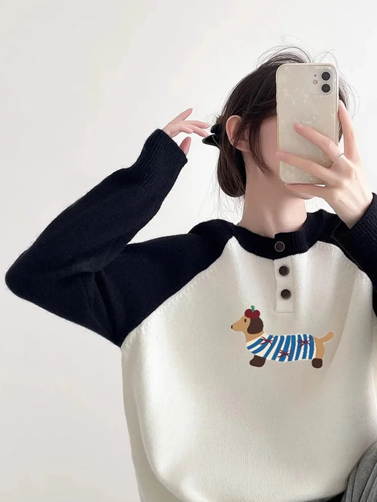 Super Nice Black and White Raglan Sleeve Cartoon Puppy Print Knit Women Early Autumn 2024 New All-Matching Western Sle Top