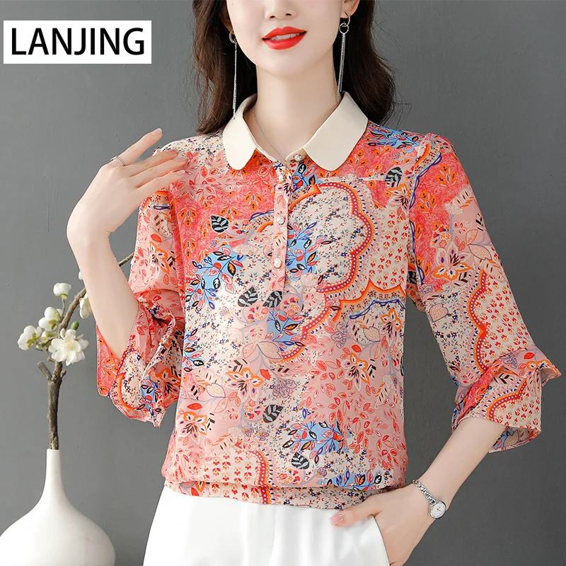 

Новинка Весна 2022 шифоновая рубашка в западном стиле с рукавом три четверти корейская мода Цветочная свободная тонкая рубашка женские рубаш...