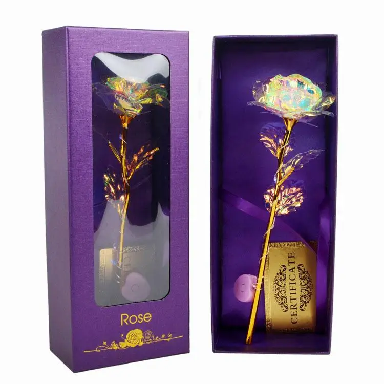 

Color Gold Rose Flower Purple Window Gift Box New Year's Day Gift Gold Foil Rose Rainbow Rose Flower Present Luxury Gift Box
