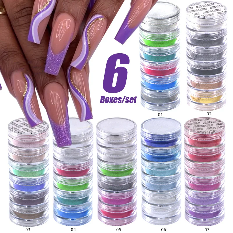 

6 коробок, голографическое окрашивание искусственных ногтей, градиентный блеск, естественная сушка без лампы, акриловая пудра, украшения дл...