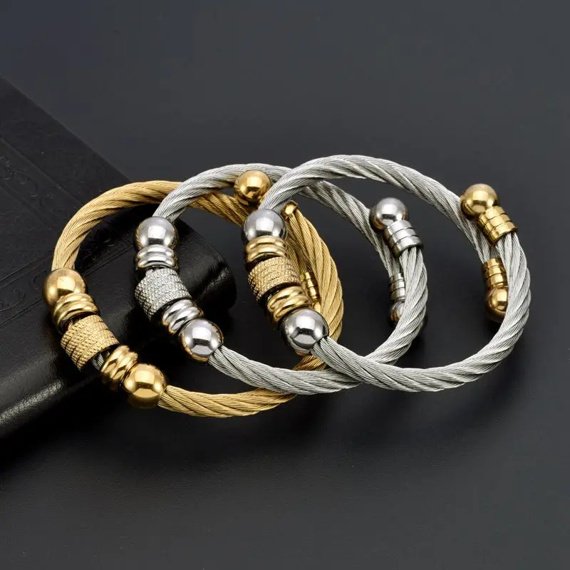 

Classic Stainless Steel Strand Beads Bangles Men Boys Jewelry Unique Wire Cuff Braided Male Charm Link Bracelets Jewelry