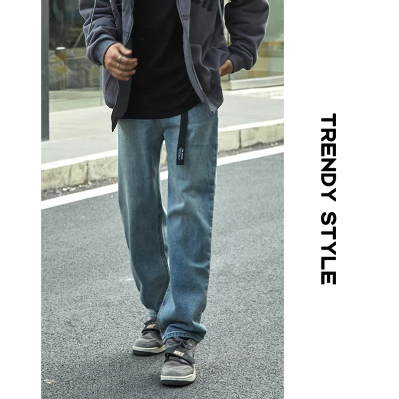 Streetwear Men 2022 New Pattern Vintage Recreational Blue Pants American Straight Cylinder Comfortable Loose Jeans Autumn Female