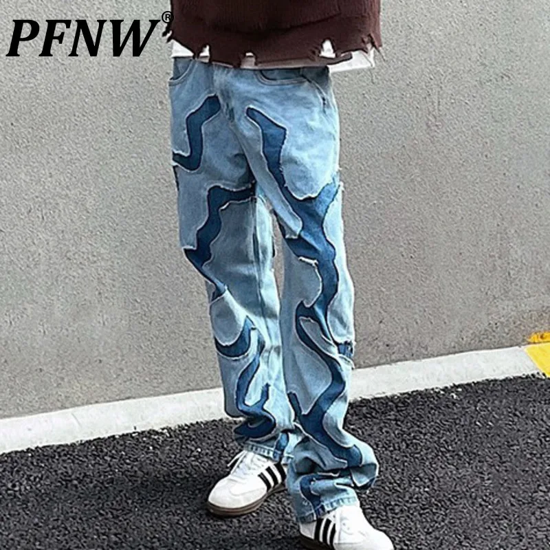 

Мужские свободные прямые джинсы PFNW, уличные повседневные джинсы со средней талией и молнией, модель 12Z1258 в стиле пэчворк на лето