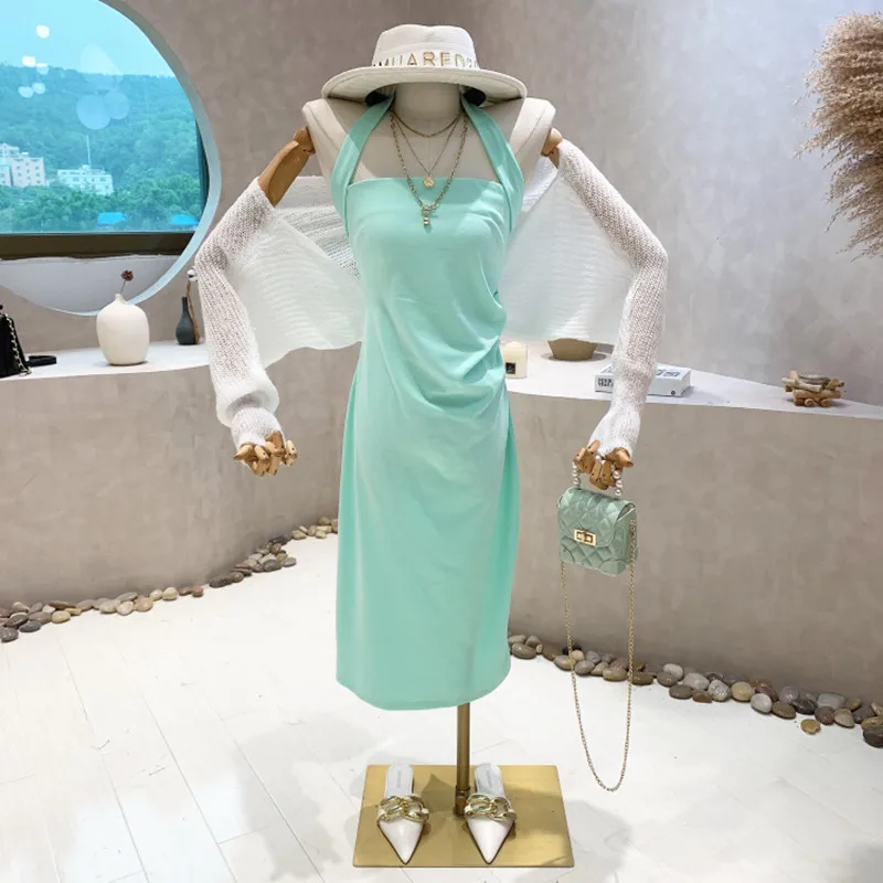 

Niche Design New Women 2022 Summer Long Sleeved Short Knitted Sunscreen Cardigan Top + Sling Hanging Neck Slim Dress 2 piece Set