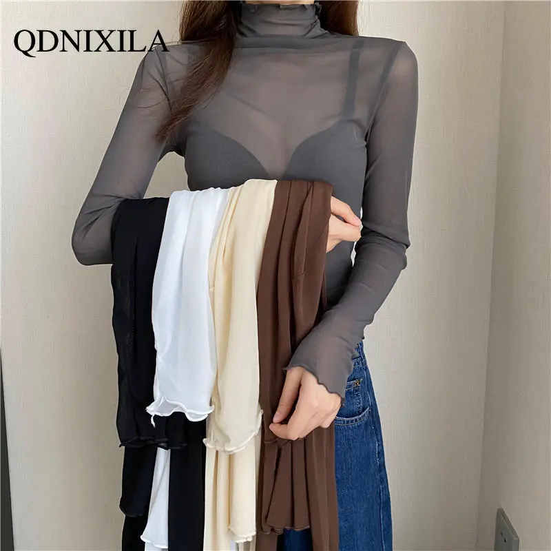 

Women's Blouse High Neck Mesh Gauze Shirts for Women Heap Neck Lace Yarn Shirts and Blouses Female Clothing Free Shipping