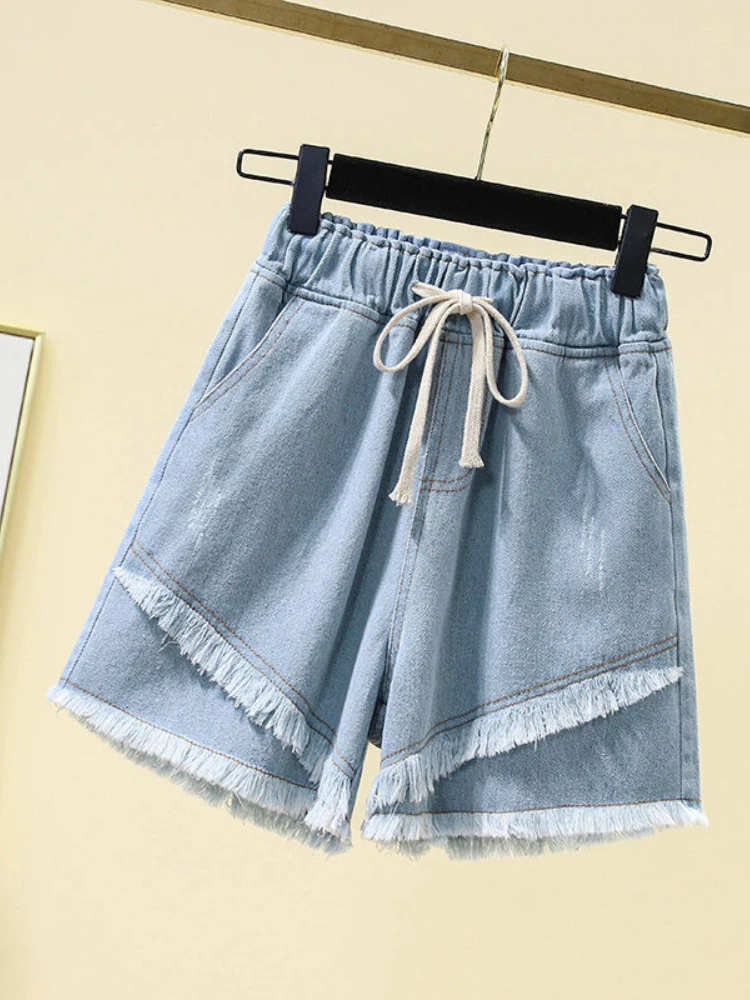 

LY VAREY LIN New Summer Women Casual Elastic Waist Lace-up Denim Shorts Female Fashion High Waist Wide Leg Solid Color Shorts