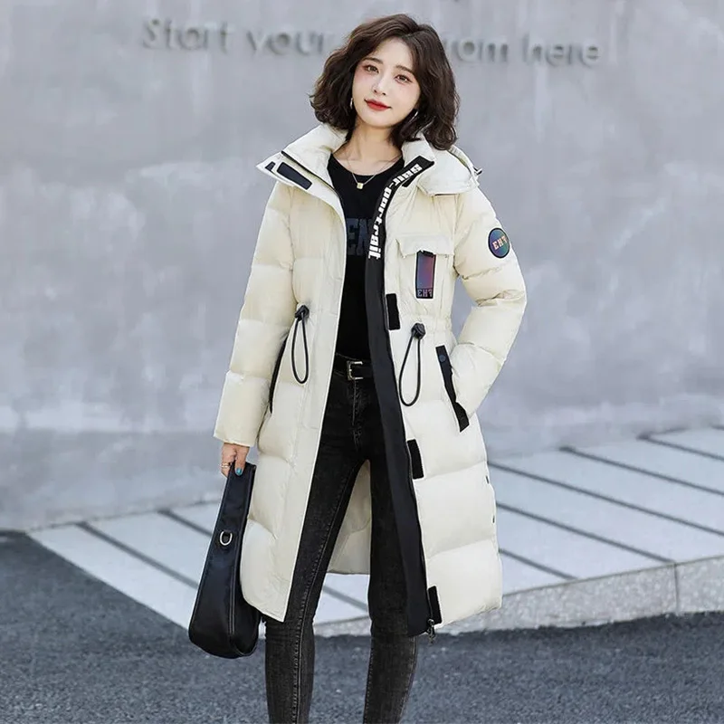 Bright Face Down Jacket Women's 2022 New Mid-Length Hooded Fashion Parkas Pull Rope Waist Thick Warm White Duck Down Coat Female