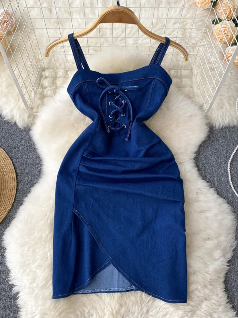 

Женское джинсовое платье в стиле ретро, летнее модное облегающее платье мини на бретелях-спагетти без рукавов с завязками и перекрестным ра...