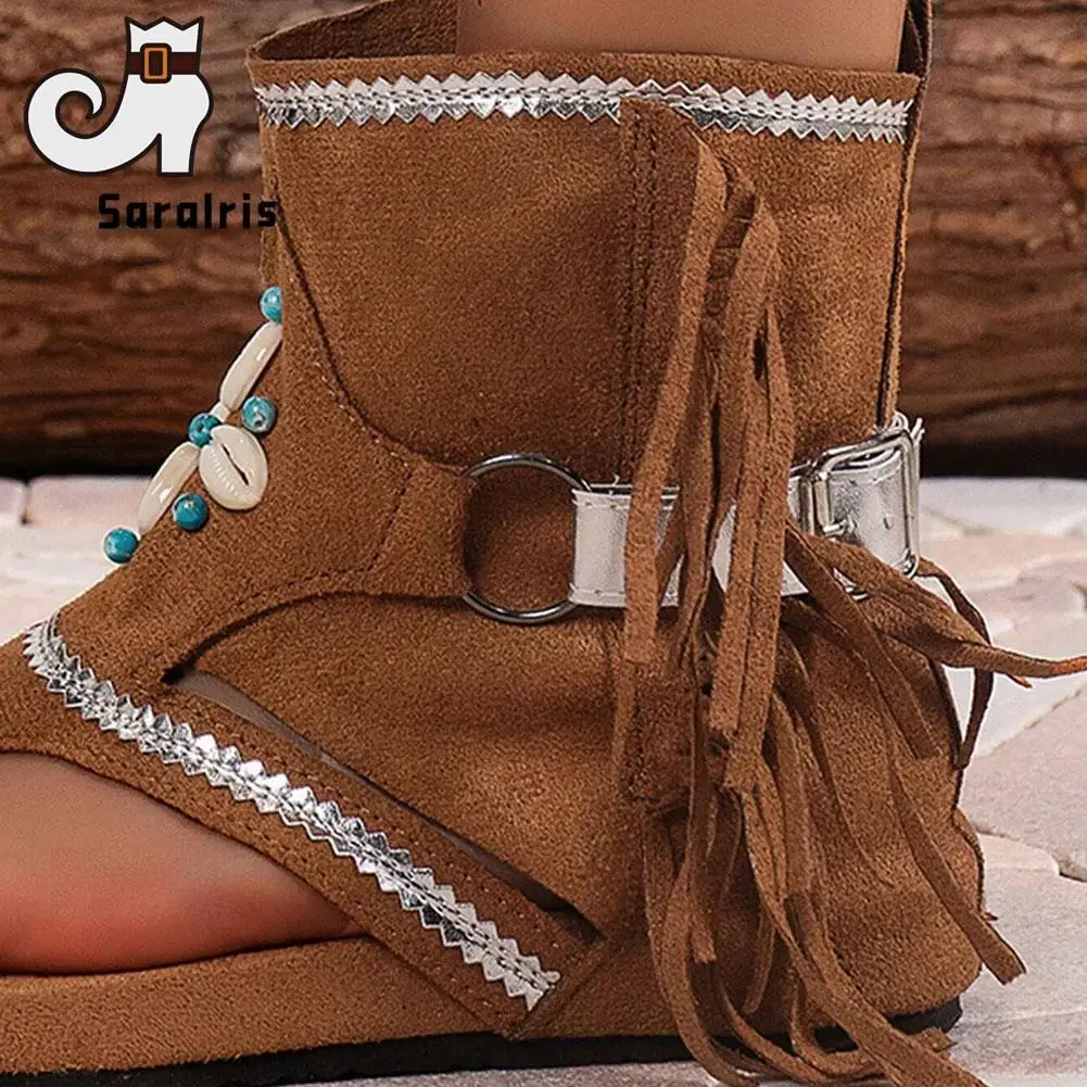 Hot Fashion Western Vintage 2023 Summer Ethic Embroidery Sandals Boot For Women Faux Suede Buckle Fringe Boot Walking Comfy