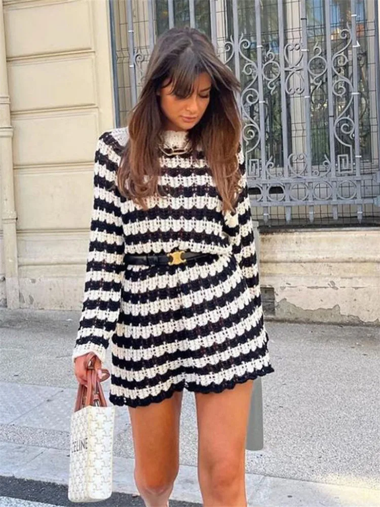 

Chic Striped Jacquard Mesh Women's Knitted Mini Dress Fashion Pullover Long Sleeved Sweater 2023 Autumn Lady Y2k Elegant Vestido