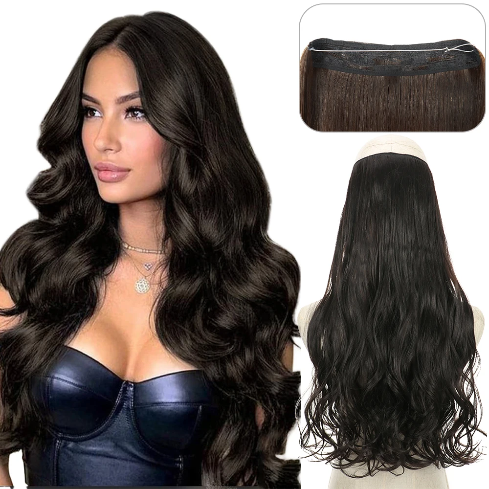 Synthetic Wavy 22 Inches No Clips In Natural Hidden Secret False Hair Piece Hair Extension Long Curly Fish Line Hair Pieces