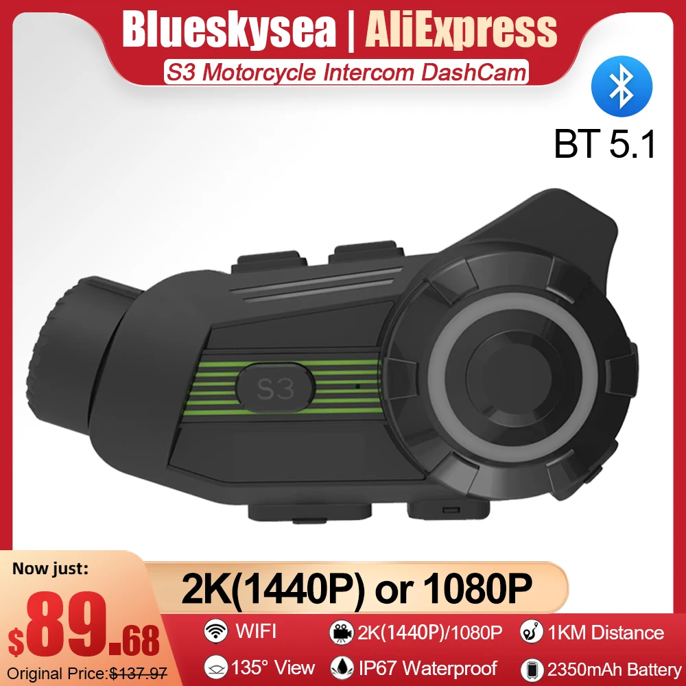 

Blueskysea S3 Motorcycle Helmet Camera HD 2K 1080P Bluetooth Wifi Motorbike DVR Dash Cam Wireless BT 5.1 Helmet Intercom